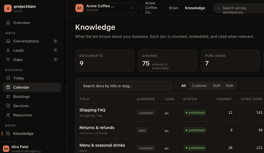 The knowledge base: every document chunked, embedded, and cited when relevant